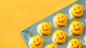 ai generated, happy, smile, faces, pills, serotonin, dopamine, medication, medical, pharmaceutical, tablets, capsules, treatment