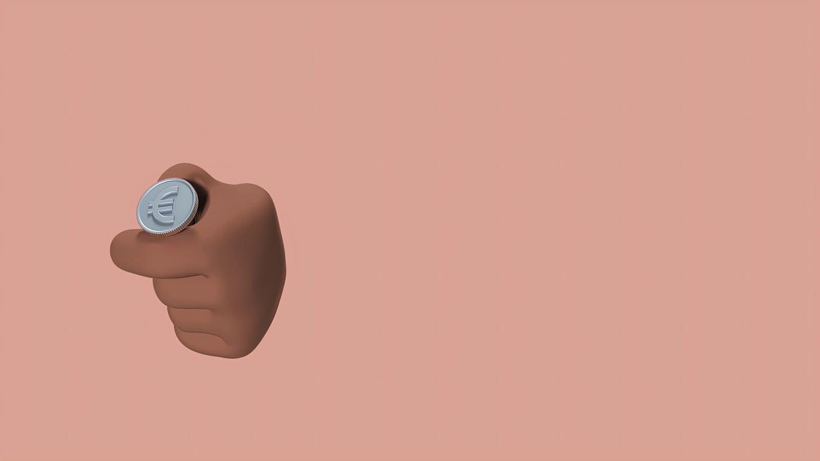 3D rendered hand holding a euro coin with ample copy space on a pastel background.