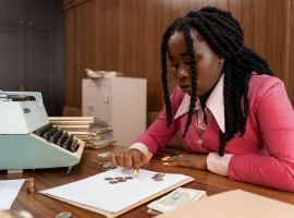 A businesswoman in vintage attire counts coins in a retro office setting.